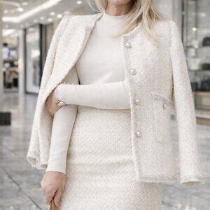 NWT Zara Tweed Textured Boucle Pearl Buttons Jacket With Silver Trim
